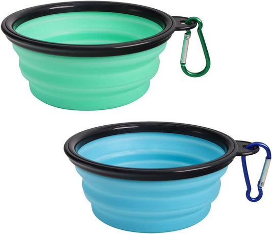 Collapsible Silicone Pet Bowls - Set of 2, Portable and Expandable Dog/Cat Feeders for Food and Water, Ideal for Travel and Camping (Light Blue & Light Green)