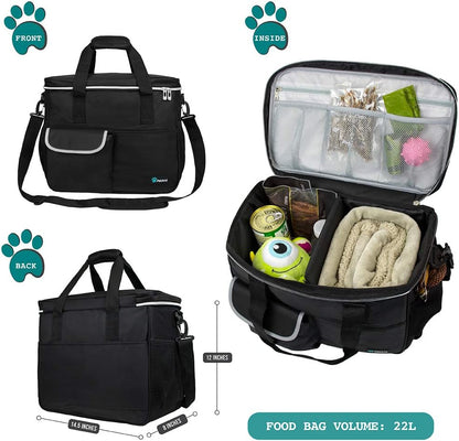 Pet Travel Organizer Bag with Food Containers and Collapsible Bowls, Medium Size, Black, Ideal for Weekend Road Trips and Camping