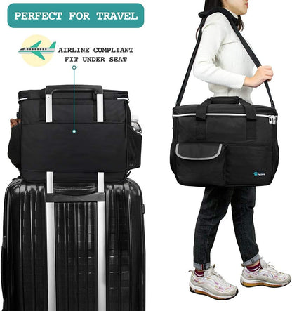 Pet Travel Organizer Bag with Food Containers and Collapsible Bowls, Medium Size, Black, Ideal for Weekend Road Trips and Camping