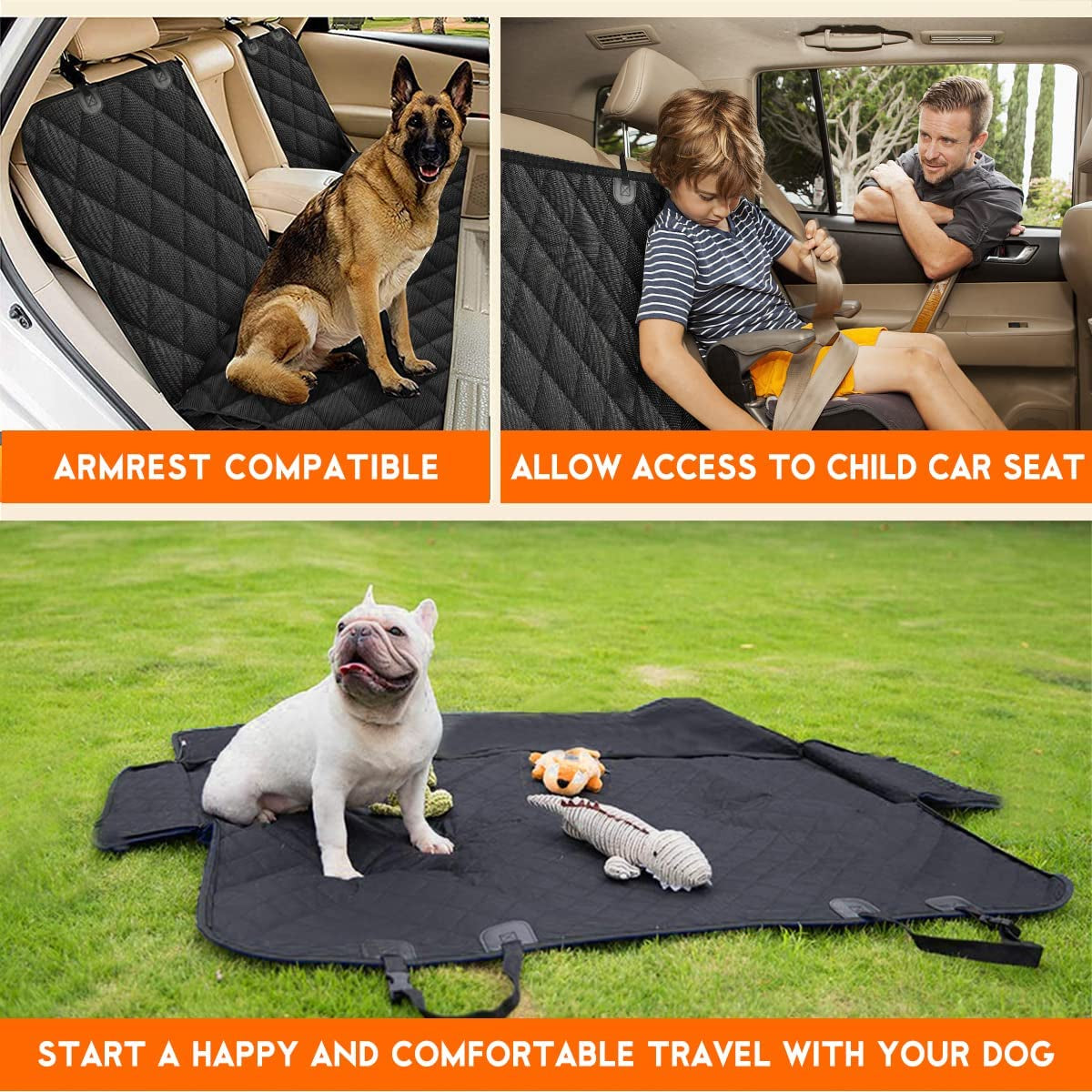 Dog Car Seat Cover - Waterproof and Durable Back Seat Protector for Pets, Fits Most Cars, SUVs, and Trucks with Middle Armrest (53” Width) - Black
