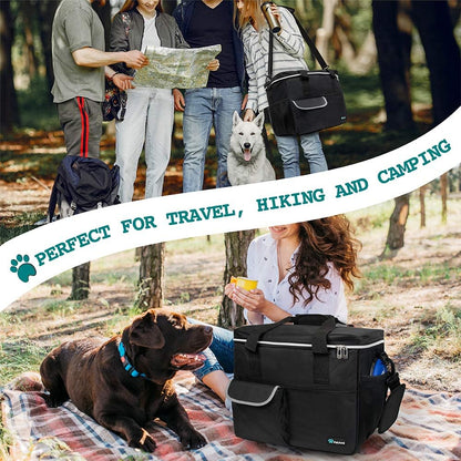 Pet Travel Organizer Bag with Food Containers and Collapsible Bowls, Medium Size, Black, Ideal for Weekend Road Trips and Camping