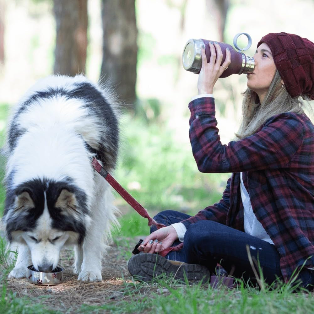 Buddy Bottle a Stainless Steel Insulated Water Bottle for with Removable Dog Water Bowl and Dog Food and Treat Storage Bowl (Burgundy, 37 Oz Water Bottle with Bowl)