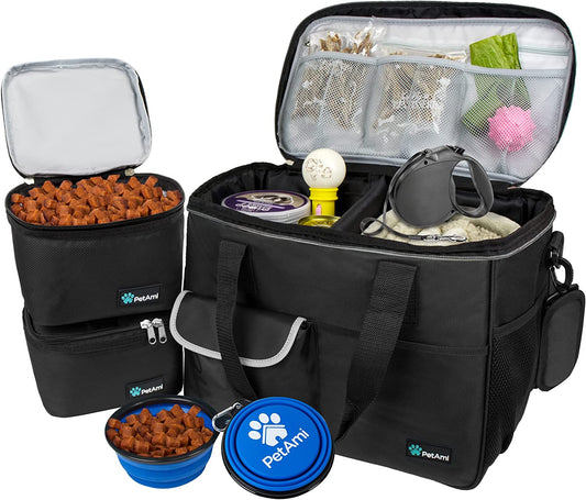 Pet Travel Organizer Bag with Food Containers and Collapsible Bowls, Medium Size, Black, Ideal for Weekend Road Trips and Camping