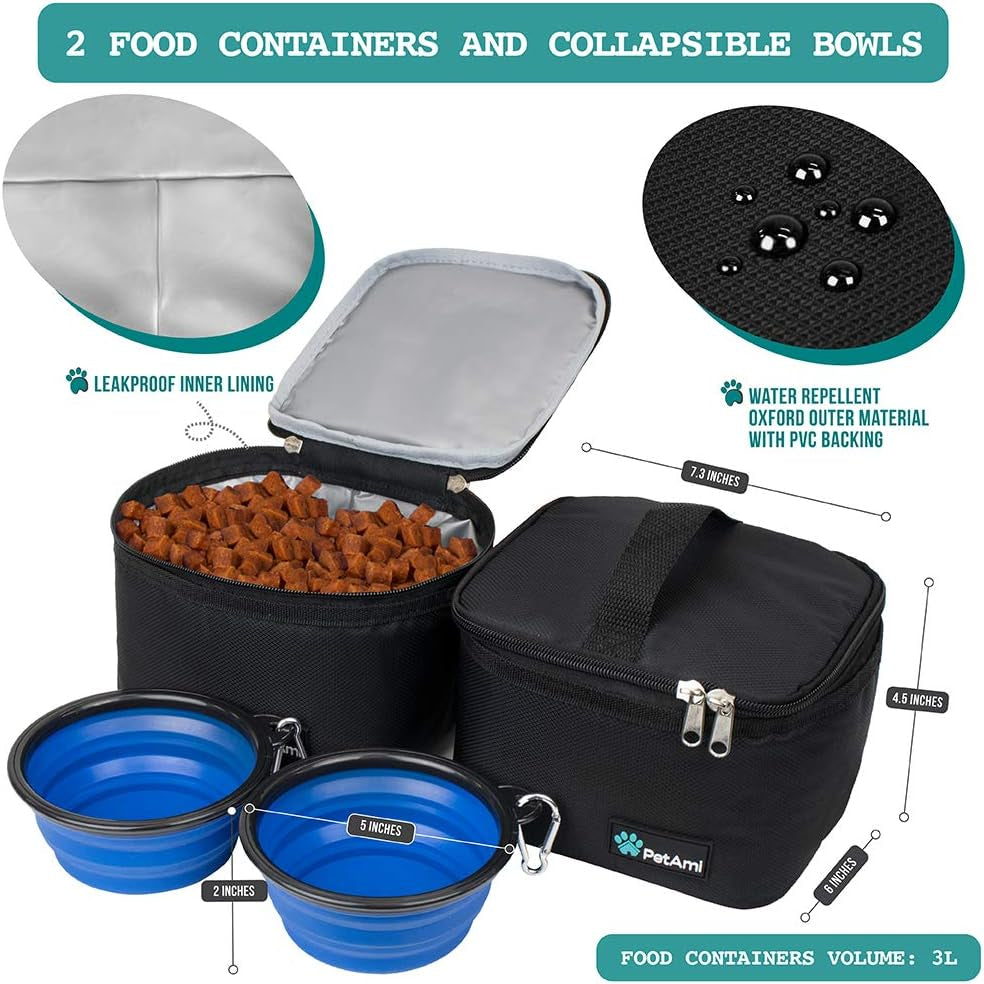 Pet Travel Organizer Bag with Food Containers and Collapsible Bowls, Medium Size, Black, Ideal for Weekend Road Trips and Camping