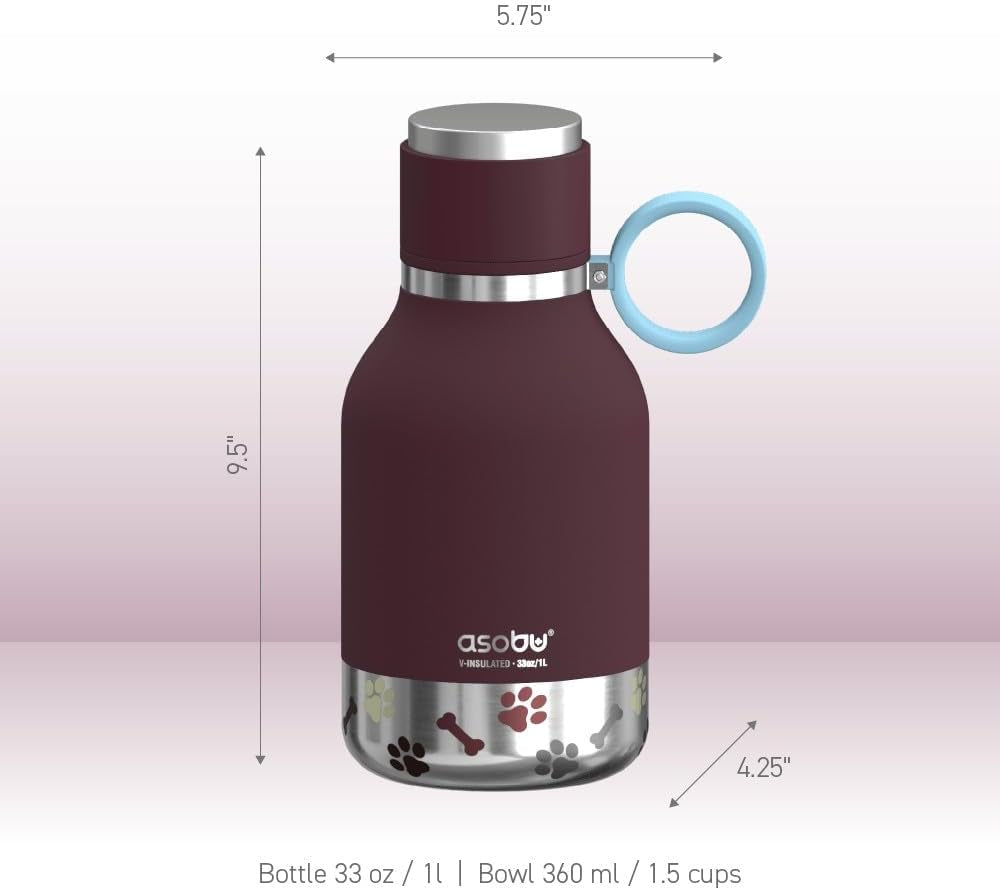 Buddy Bottle a Stainless Steel Insulated Water Bottle for with Removable Dog Water Bowl and Dog Food and Treat Storage Bowl (Burgundy, 37 Oz Water Bottle with Bowl)