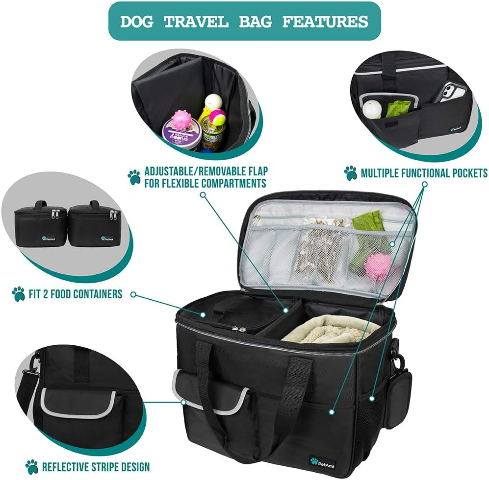 Pet Travel Organizer Bag with Food Containers and Collapsible Bowls, Medium Size, Black, Ideal for Weekend Road Trips and Camping